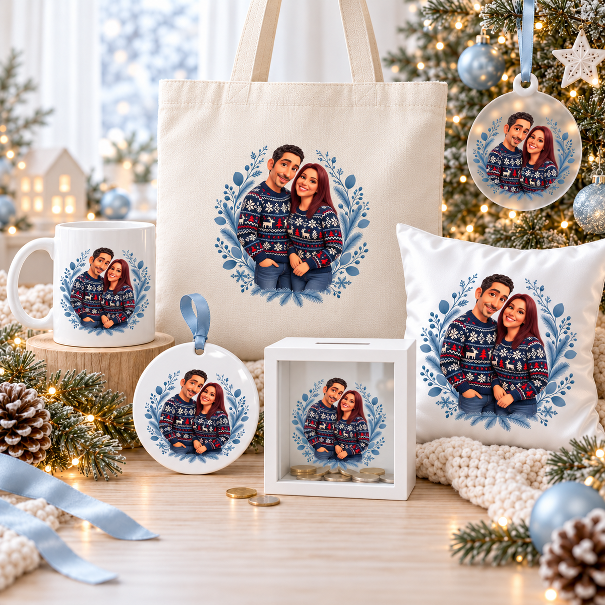 Caricatura navideña personalizada estilo nórdico | Cuadro, taza, bola de Navidad y más