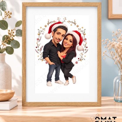 Cuadro con marco de madera y caricatura navideña de pareja desde foto con gorros de Papá Noel, sin dedicatoria