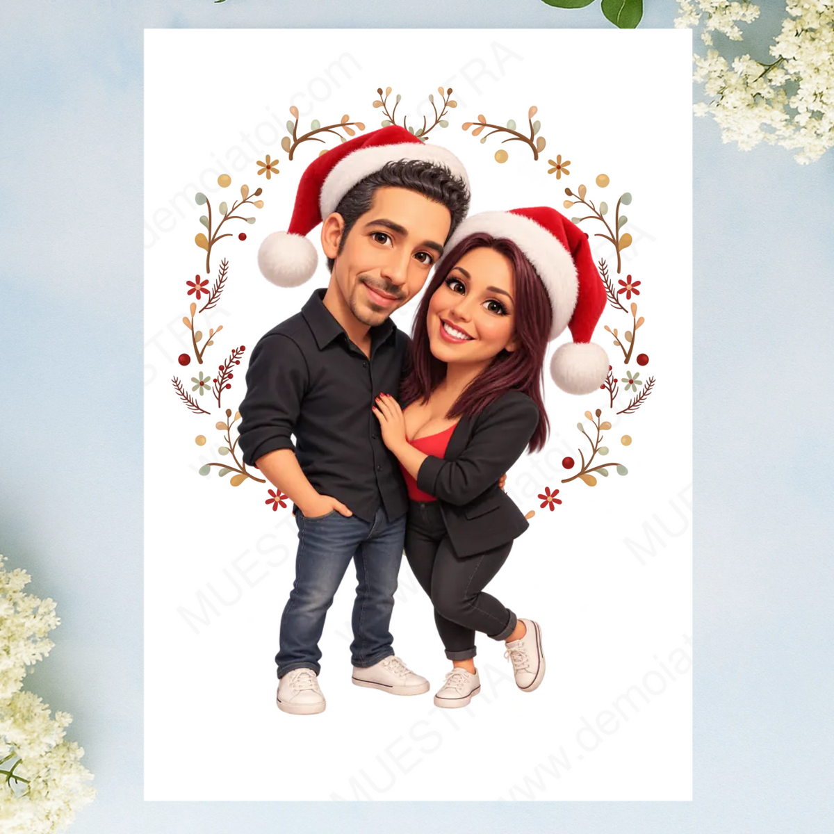 Lámina sin marco con caricatura navideña de pareja desde foto con gorros de Papá Noel y dedicatoria
