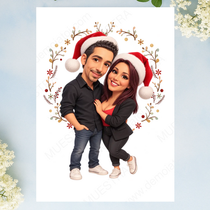 Lámina sin marco con caricatura navideña de pareja desde foto con gorros de Papá Noel y dedicatoria