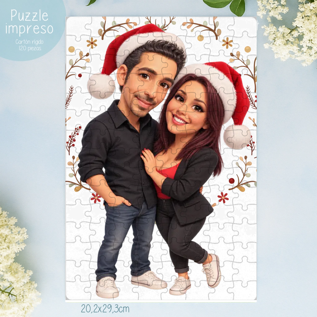 Puzzle personalizado con caricatura navideña de pareja con gorros de Papá Noel, sin dedicatoria