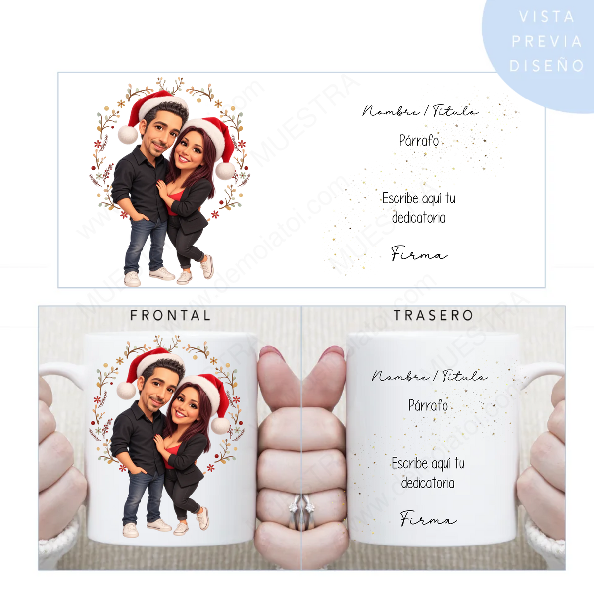 Taza navideña personalizada con caricatura de pareja con gorros de Papá Noel y dedicatoria, vista frontal y trasera