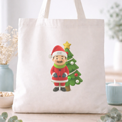Totebag blanca personalizada con personaje chibi navideño y árbol de Navidad