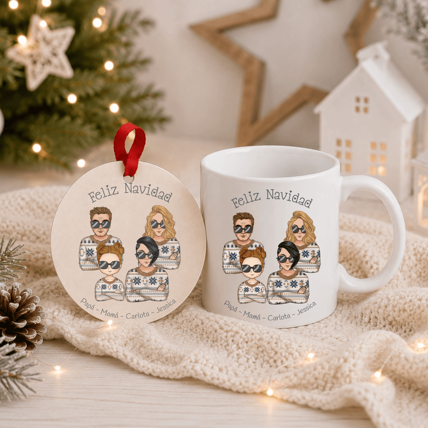 Set regalo Navidad familiar personalizado con 3 personajes Chibi - Taza, bola y totebag para familia