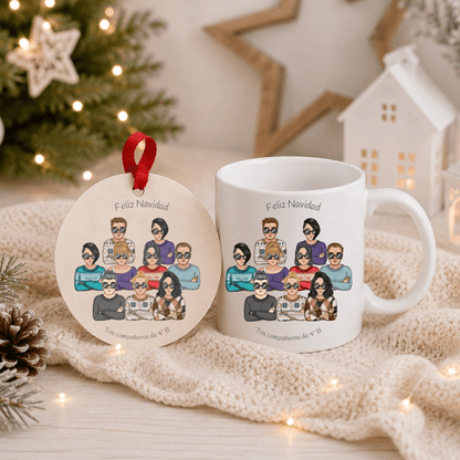 Regalo Navidad grupo de amigos personalizado con personajes Chibi - Set taza y bola con ilustración