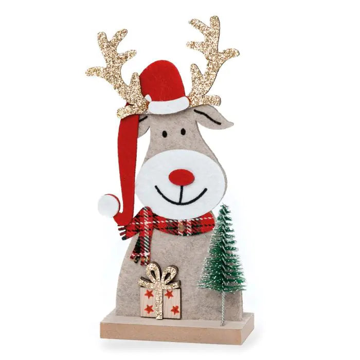 Reno navideño de fieltro con base de madera, gorro de Papá Noel , detalle artesanal de Navidad personalizado con árbol y regalo.