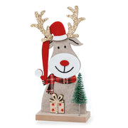 Reno navideño de fieltro con base de madera, gorro de Papá Noel , detalle artesanal de Navidad personalizado con árbol y regalo.
