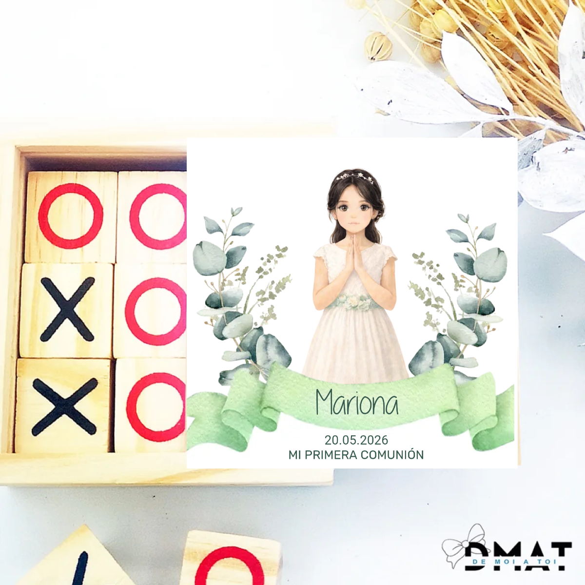 Detalle de comunión personalizado para invitados con ilustración