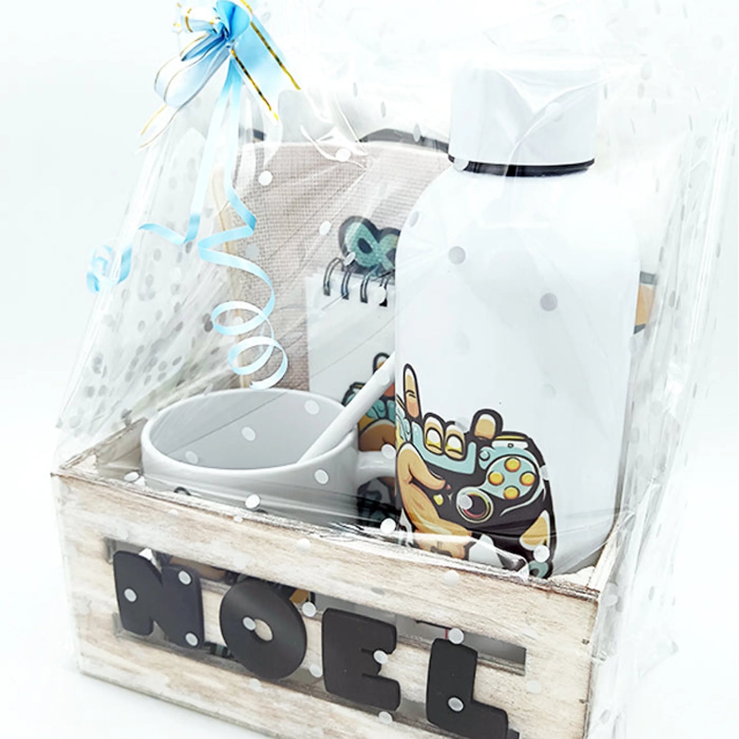 Caja de madera con nombre tallado y set gamer juvenil COMUNIÓN- de moi a toi