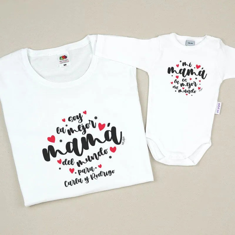 Pack 2 Prendas Soy la mejor Mamá del mundo para (Nombre/s) / Mi Mamá es la mejor del mundo Corazones lunares