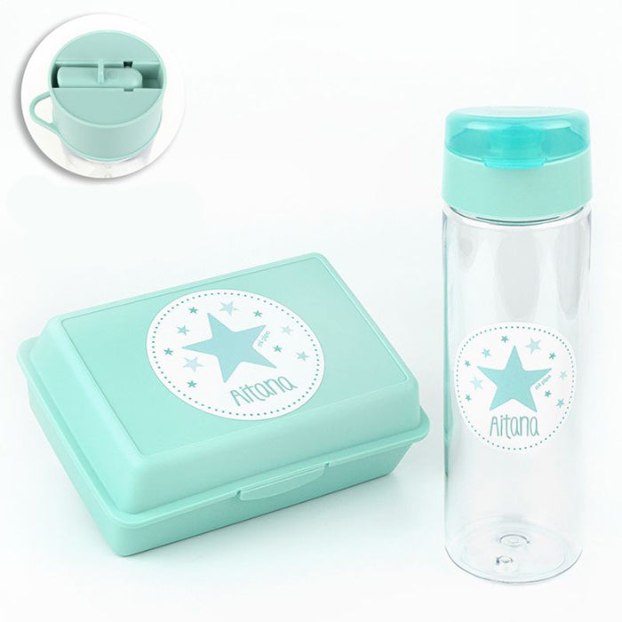 Botella y Cajita Porta Alimentos Infantil con nombre– ESTRELLA (Colores)