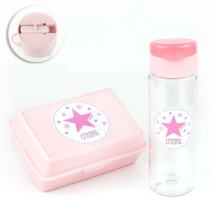 Botella y Cajita Porta Alimentos Infantil con nombre– ESTRELLA (Colores)