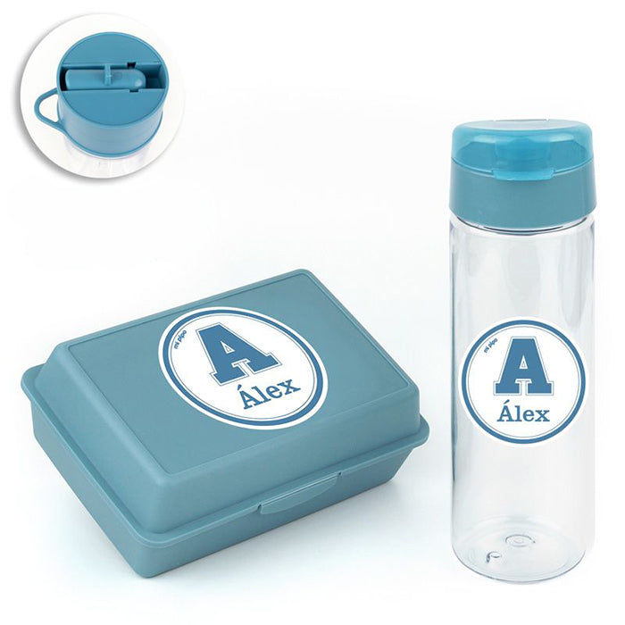 Botella y Cajita Porta Alimentos Infantil con nombre– Inicial (Colores)