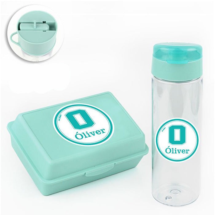 Botella y Cajita Porta Alimentos Infantil con nombre– Inicial (Colores)