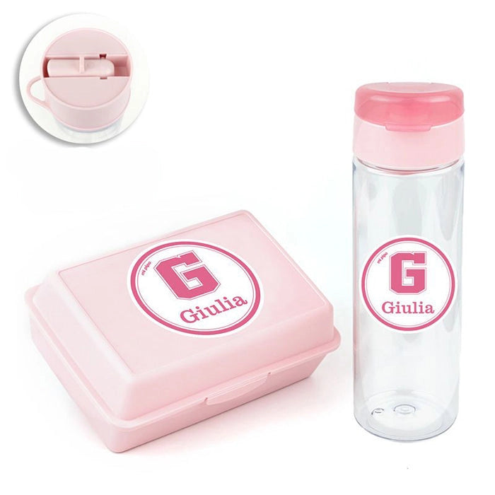 Botella y fiambrera infantil personalizadas con nombre para almuerzo o merienda.