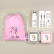 Mochila personalizada con botella y fiambreras para colegio