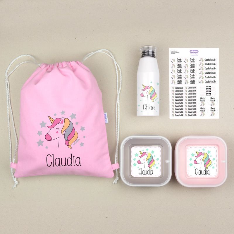 Mochila personalizada con botella y fiambreras para colegio