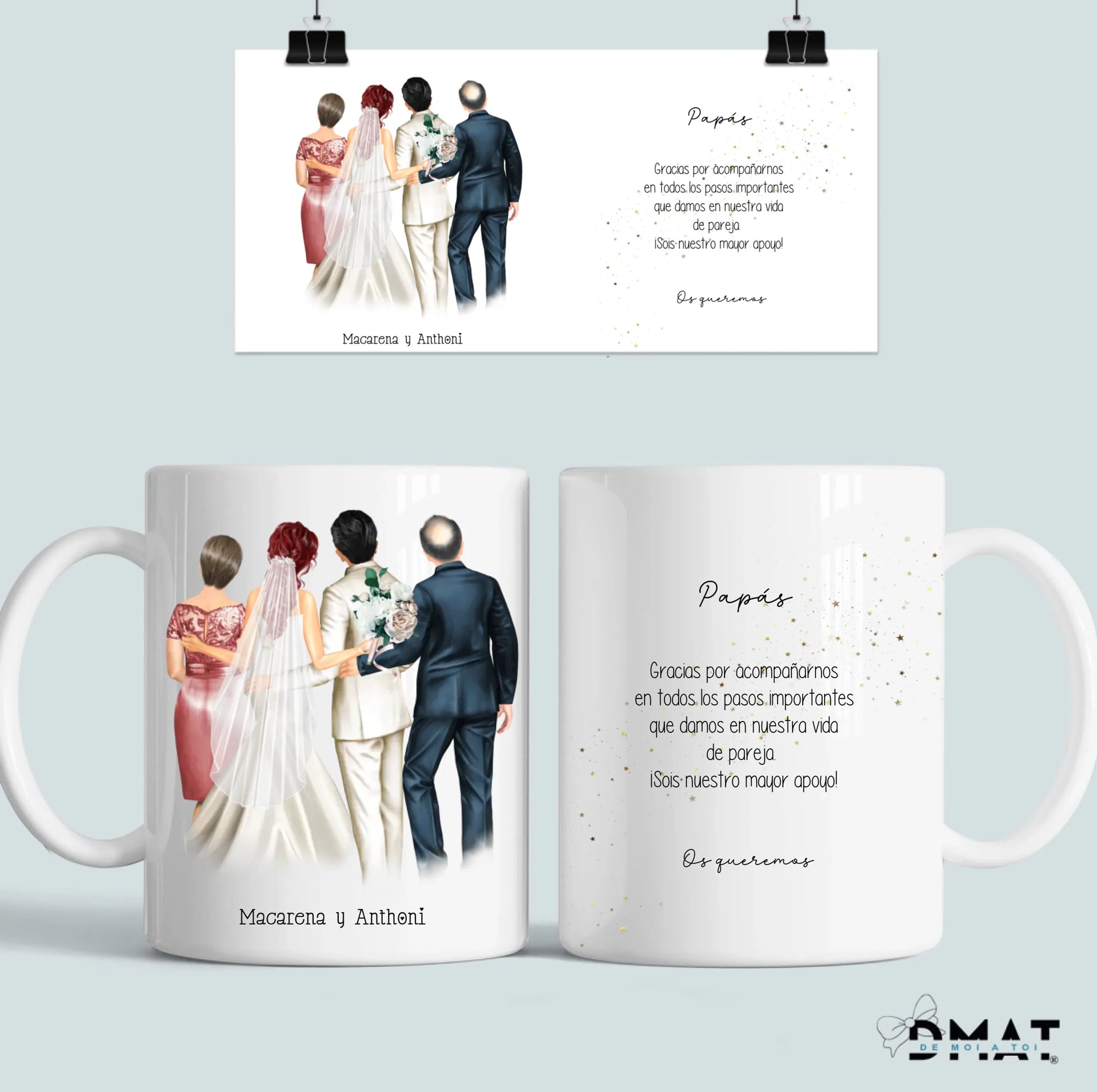 regalo de boda para padres personalizados con ilustración y dedicatoria