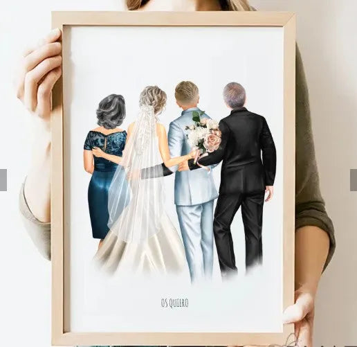 Ilustración novios y padres personalizada para imprimir en regalos originales de boda 