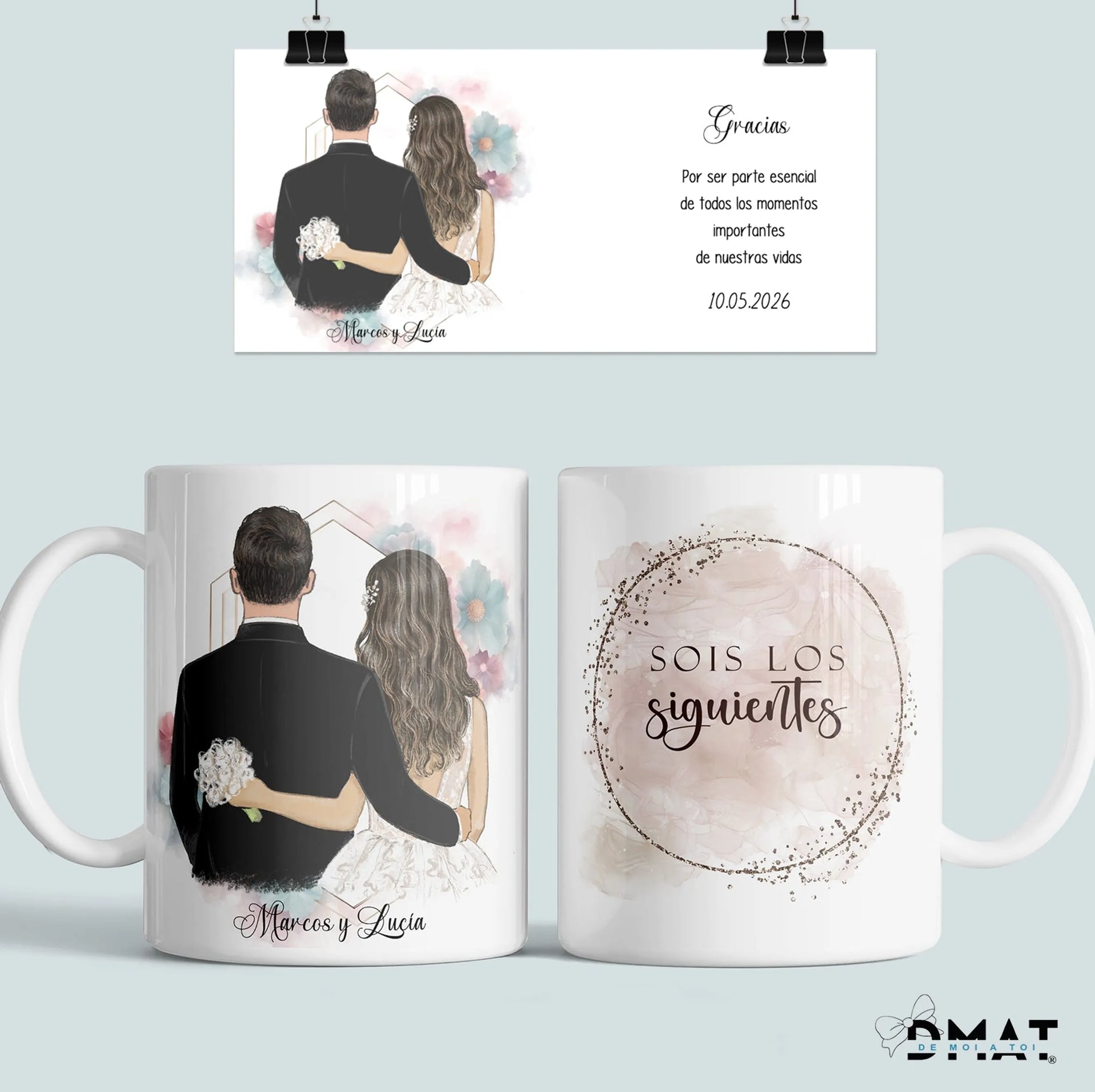 Taza de boda personalizada para regalar a invitados con ilustración y dedicatoria o para los siguientes en casarse
