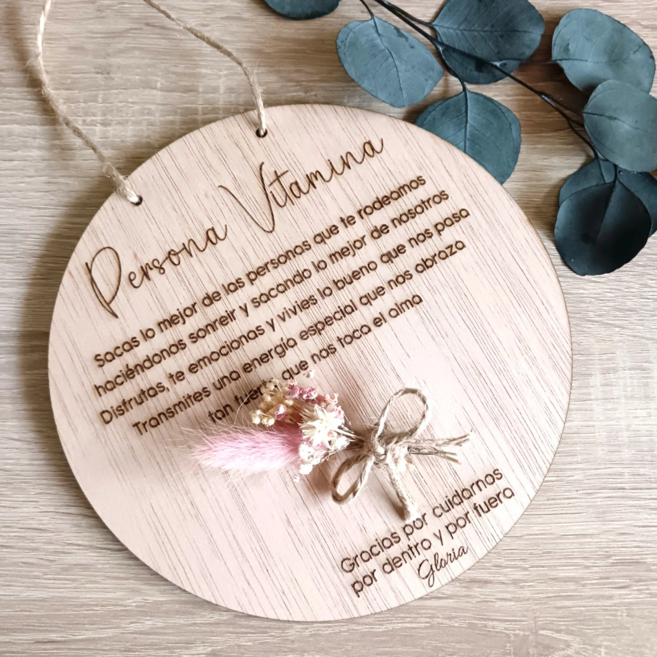 Placa madera Gracias con flores personalizada