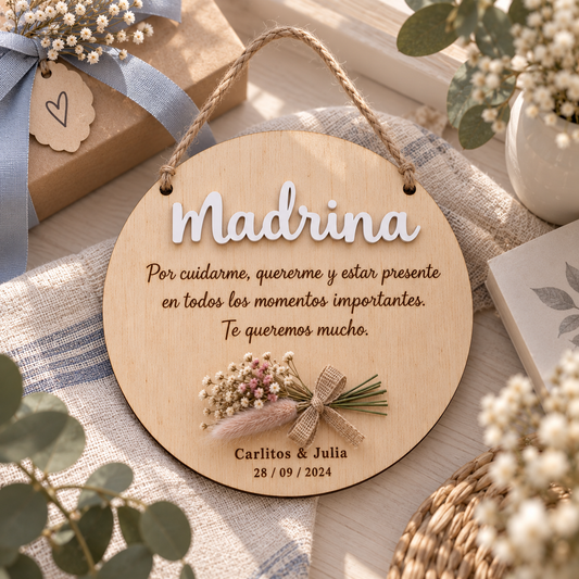 Placa de madera decorativa personalizada con flores grabada a láser para regalar a madrina con dedicatoria