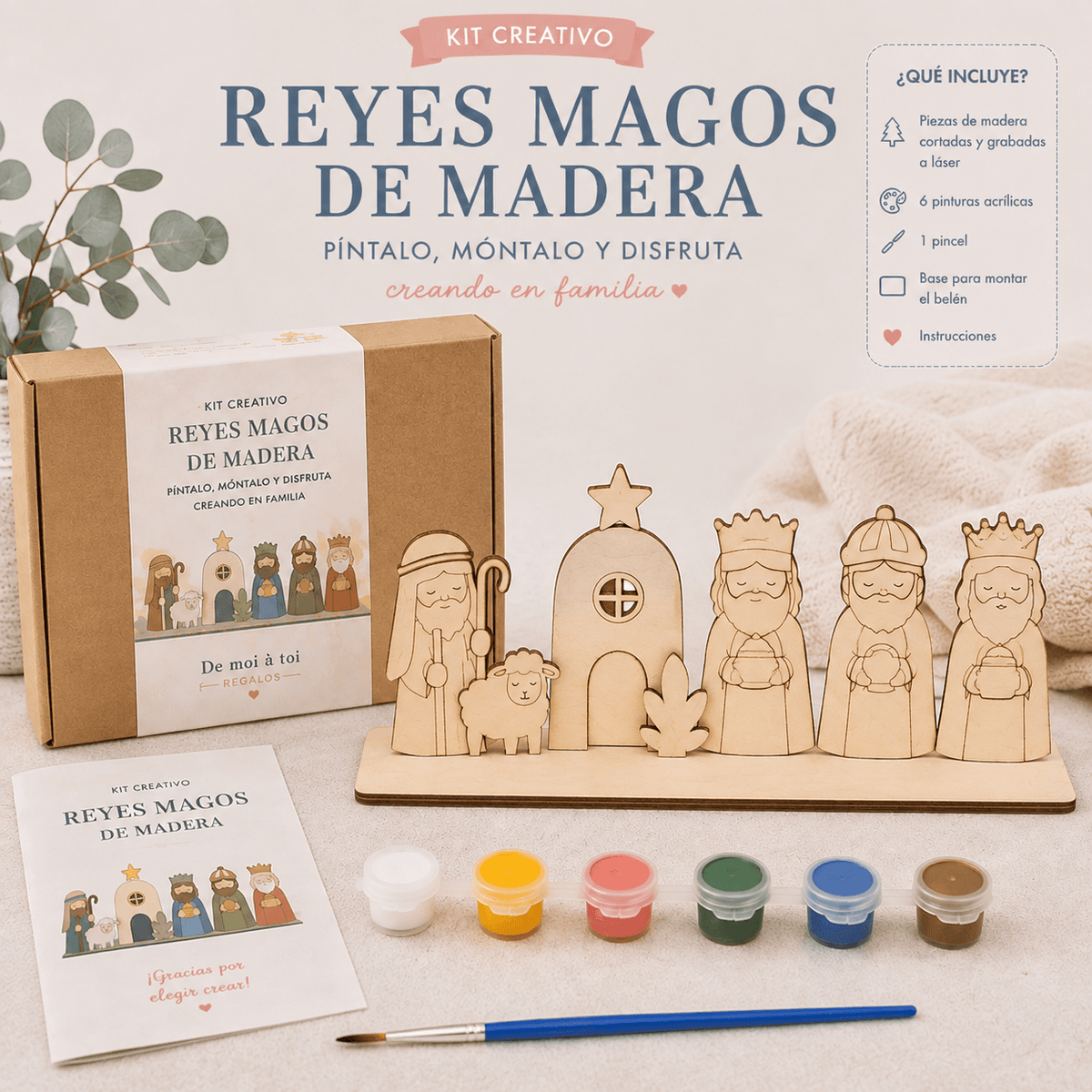 Kit creativo de Reyes Magos de madera para pintar y montar en familia