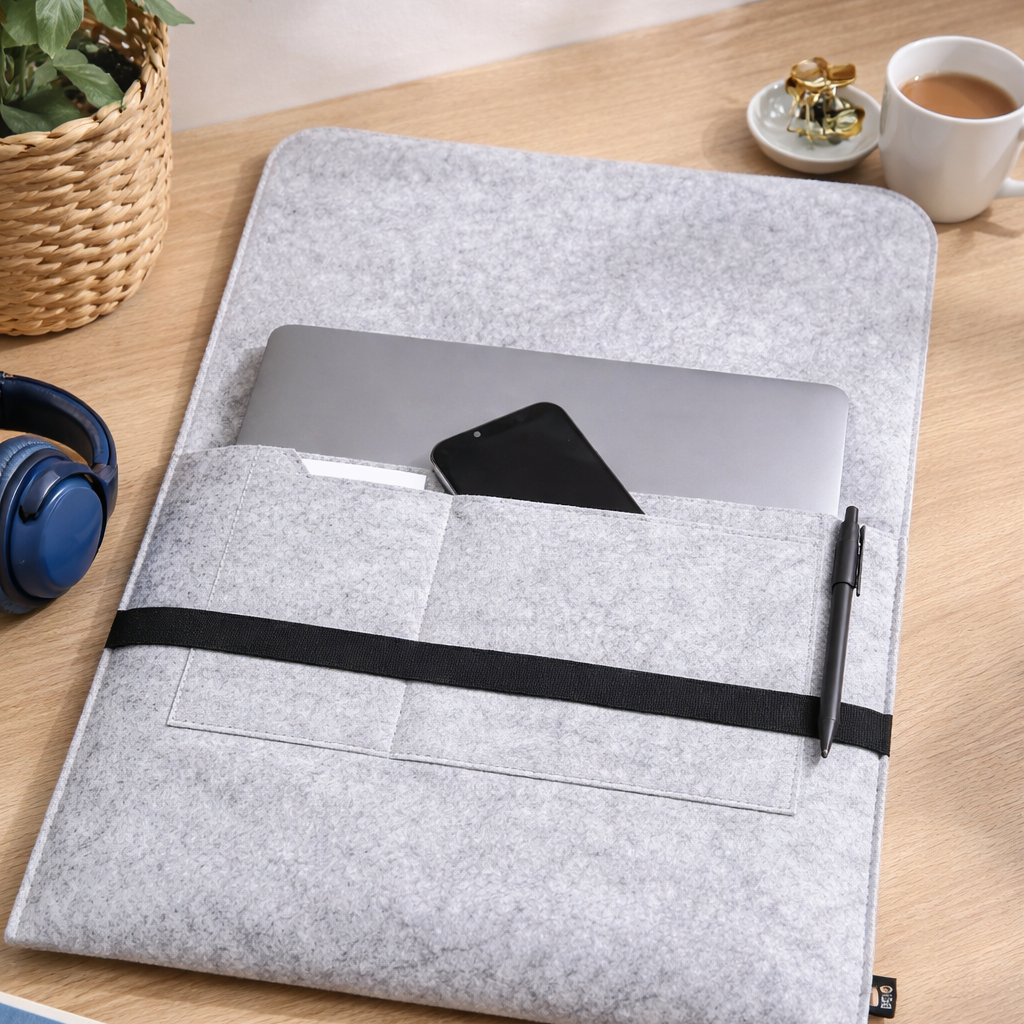 Set sostenible para profesora con botella de cristal y accesorios en fieltro RPET.