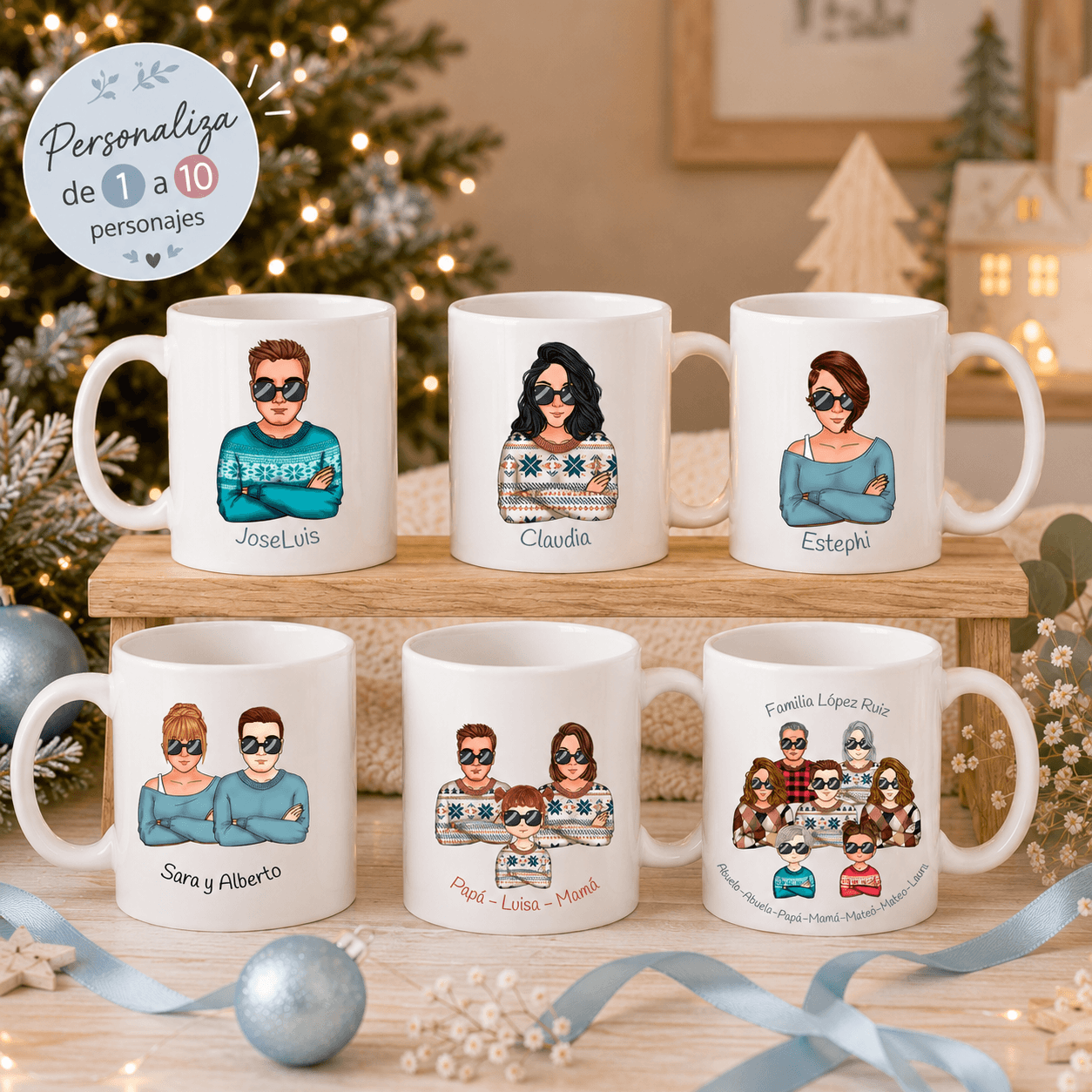 Taza Navidad personalizada con personajes Chibi - Individual, pareja, familia y grupos - Regalo navidad con ilustración personalizada
