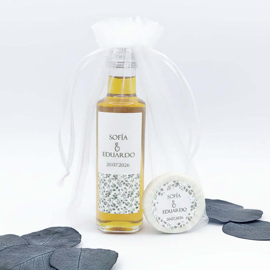 Aceite de oliva y jabón como detalle personalizado para invitados de boda