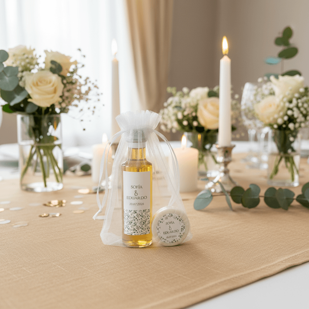 Set de aceite y jabón natural para regalar a invitados de boda, bautizo o comunión