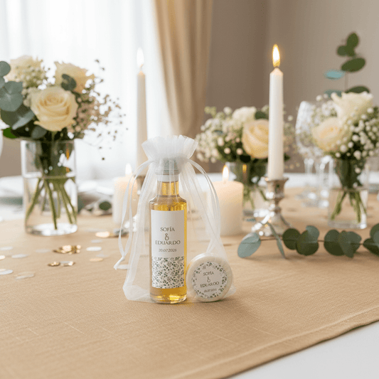 Set de aceite y jabón natural para regalar a invitados de boda, bautizo o comunión