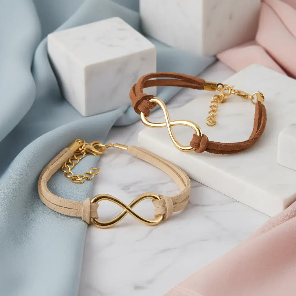 Pulsera símbolo infinito de ante marrón y metal dorado – De moi à toi
