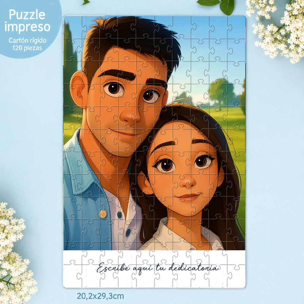 Puzzle personalizado de 120 piezas con caricatura estilo dibujo animado de pareja y dedicatoria
