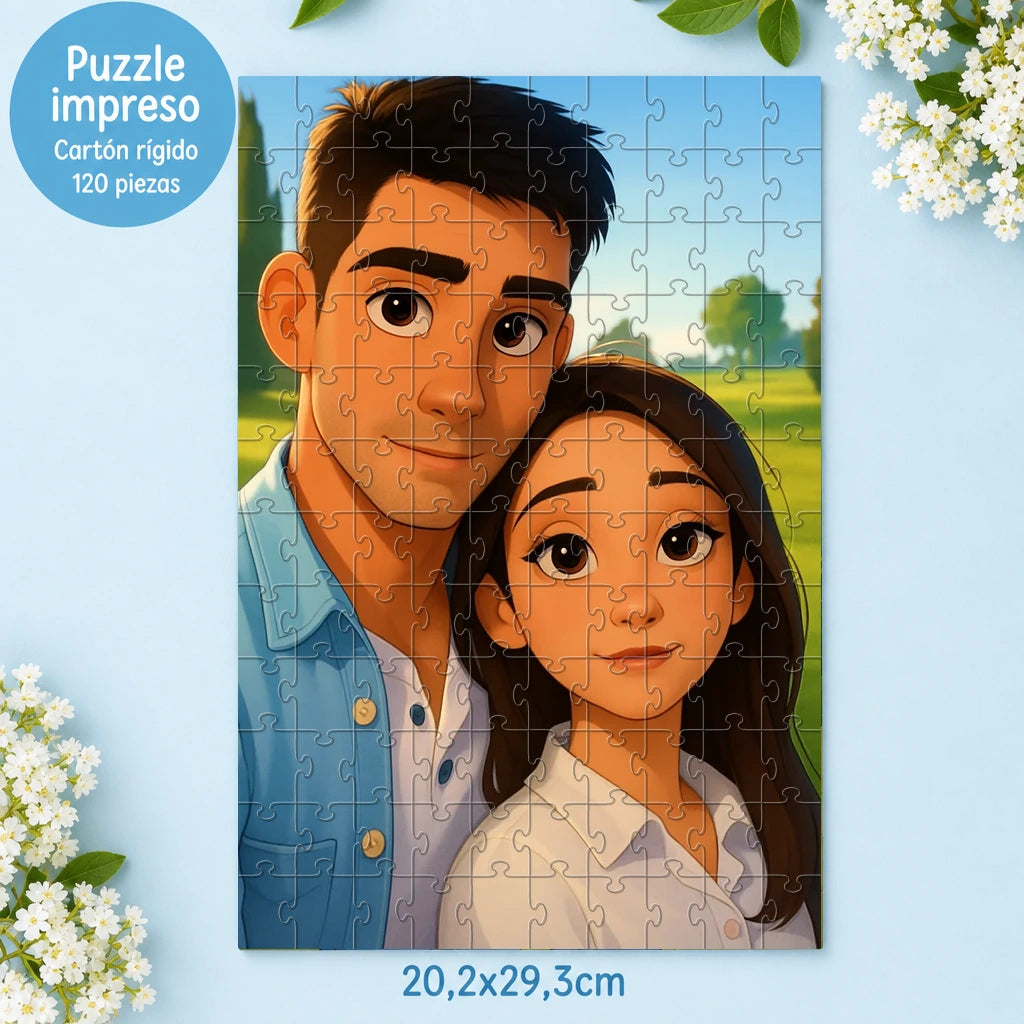 Puzzle personalizado de 120 piezas con caricatura estilo dibujo animado de pareja desde foto