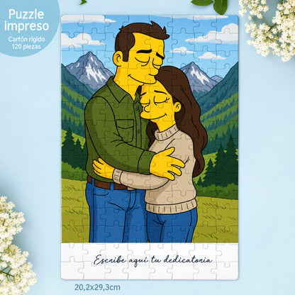 Puzzle de 120 piezas con caricatura estilo Simpson y dedicatoria, regalo de cumpleaños para tu pareja