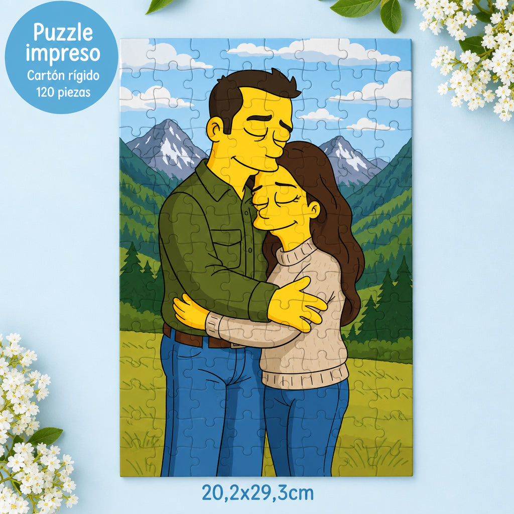 Puzzle personalizado de 120 piezas con caricatura estilo Simpson desde foto, regalo original para novios