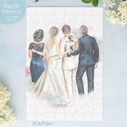 puzzle boda ilustración editable familiares y novios fondo floral azul
