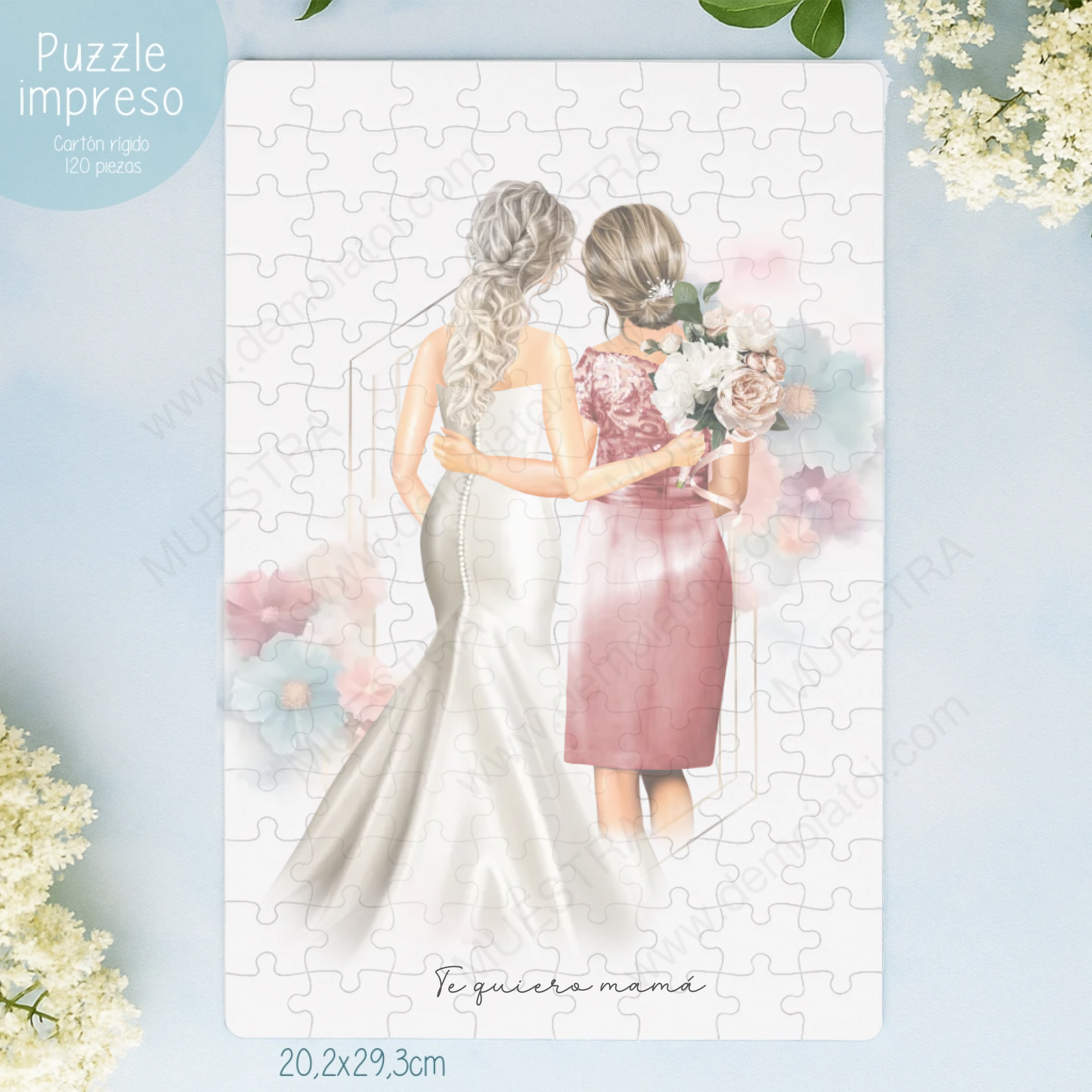 puzzle boda ilustración editable familiares y novios fondo floral azul
