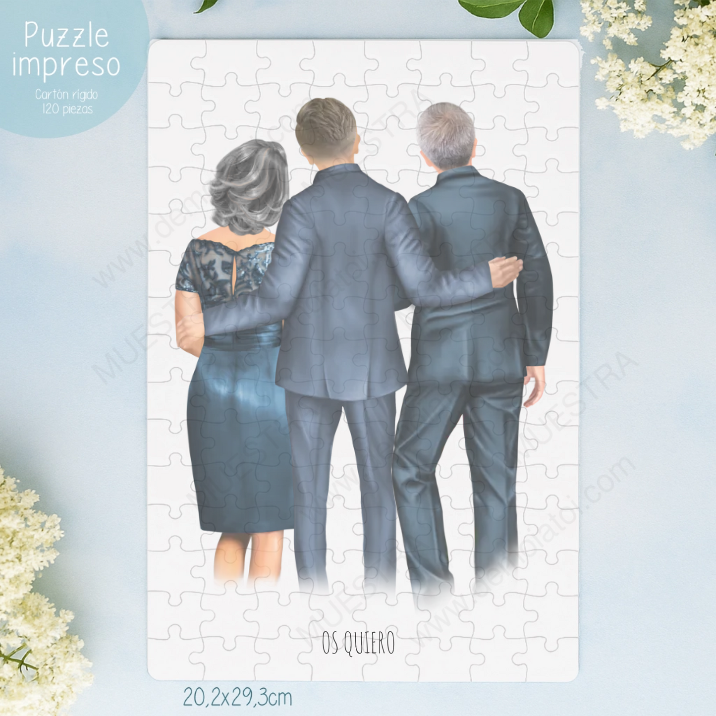 puzzle boda ilustración editable familiares y novios fondo floral azul
