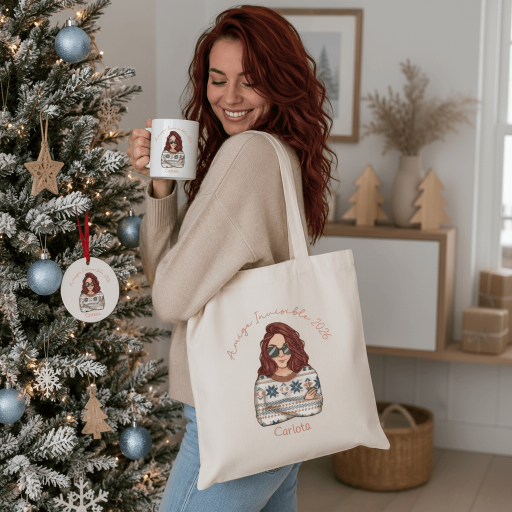 Regalo amigo invisible original con personaje Chibi personalizado - Taza, totebag y bola de Navidad con nombre