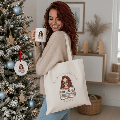 Regalo amigo invisible original con personaje Chibi personalizado - Taza, totebag y bola de Navidad con nombre