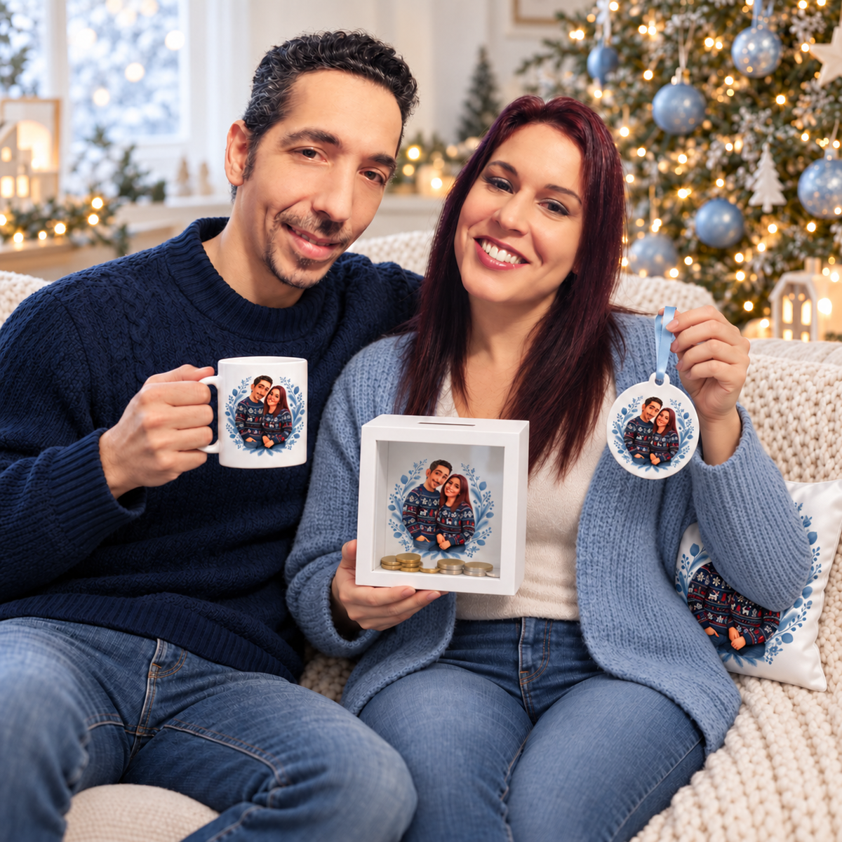 Caricatura navideña personalizada estilo nórdico | Cuadro, taza, bola de Navidad y más