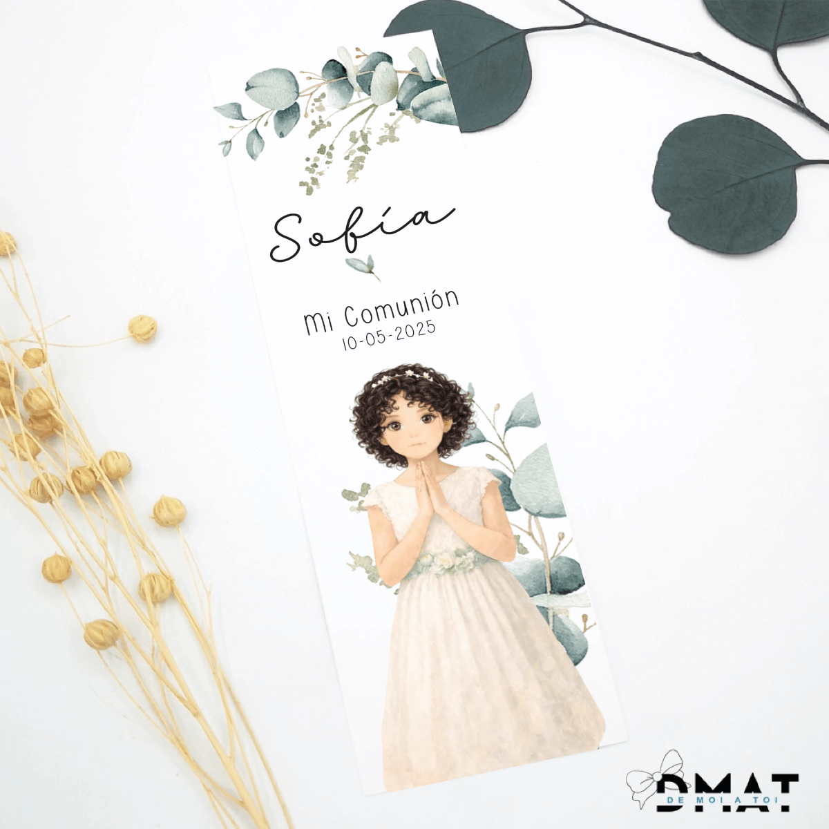 Recordatorio comunión de niña con diseño eucalipto impreso