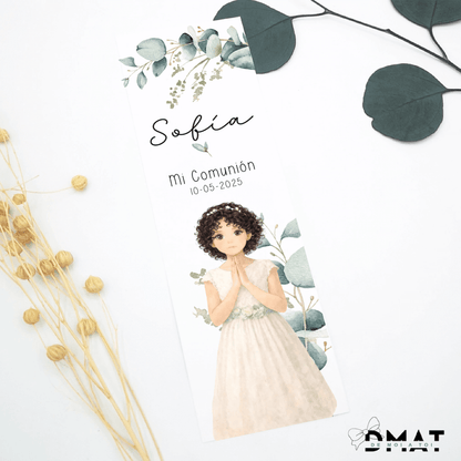 Recordatorio comunión de niña con diseño eucalipto impreso