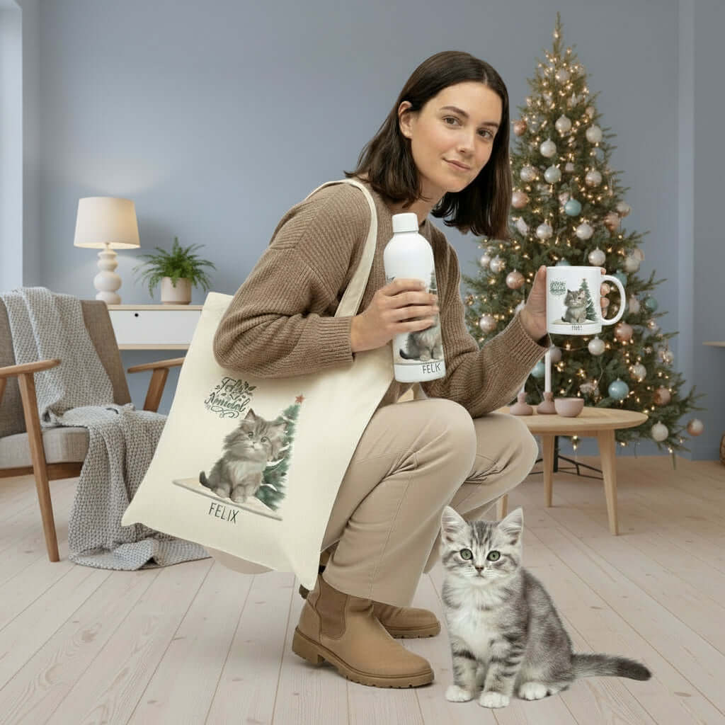 Tote bag, botella termo y taza personalizadas con ilustración de perro o gato