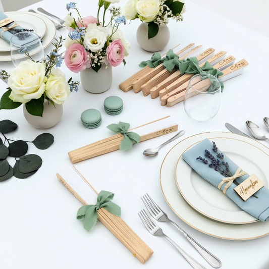 Detalle de invitados de madera grabado a láser, abanicos personlizados