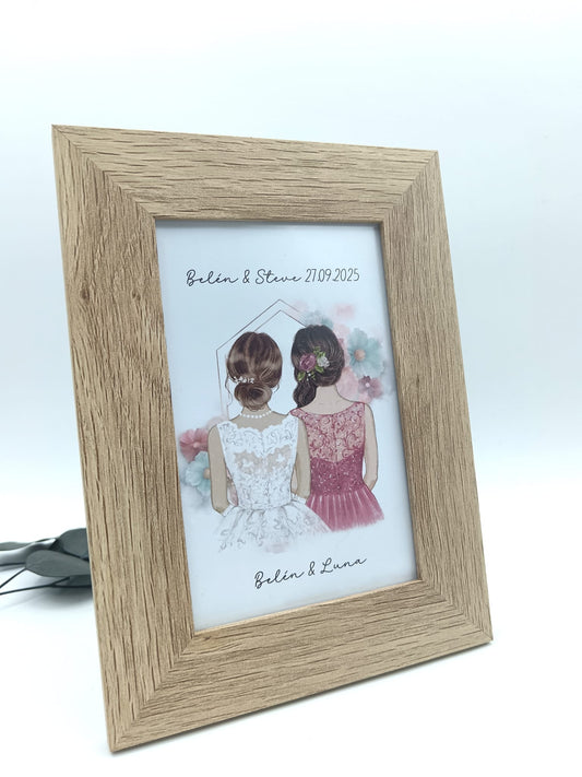 marco fotos madera ilustraciones familiares y novios boda
