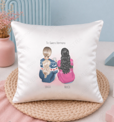 regalo ilustración cojín personalizado para amigas sentadas