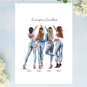 Ilustración personalizada de grupo de amigas de 1 a 8 personas, editable online con nombres, estilos y dedicatoria
